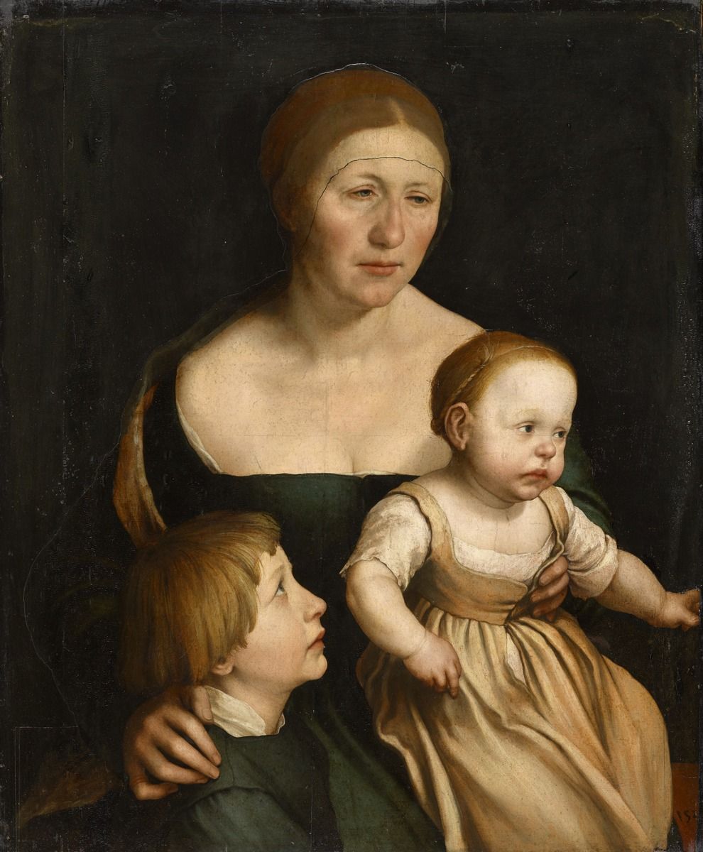 Hans Holbein the Younger, Portrait of the Artist's Wife with the Two Elder Children, around 1528–29. Mixed technique on paper, cut along the figures' contours and mounted on limewood, 79.4 × 64.7 cm. Kunstmuseum Basel, Amerbach-Kabinett, inv. 325.